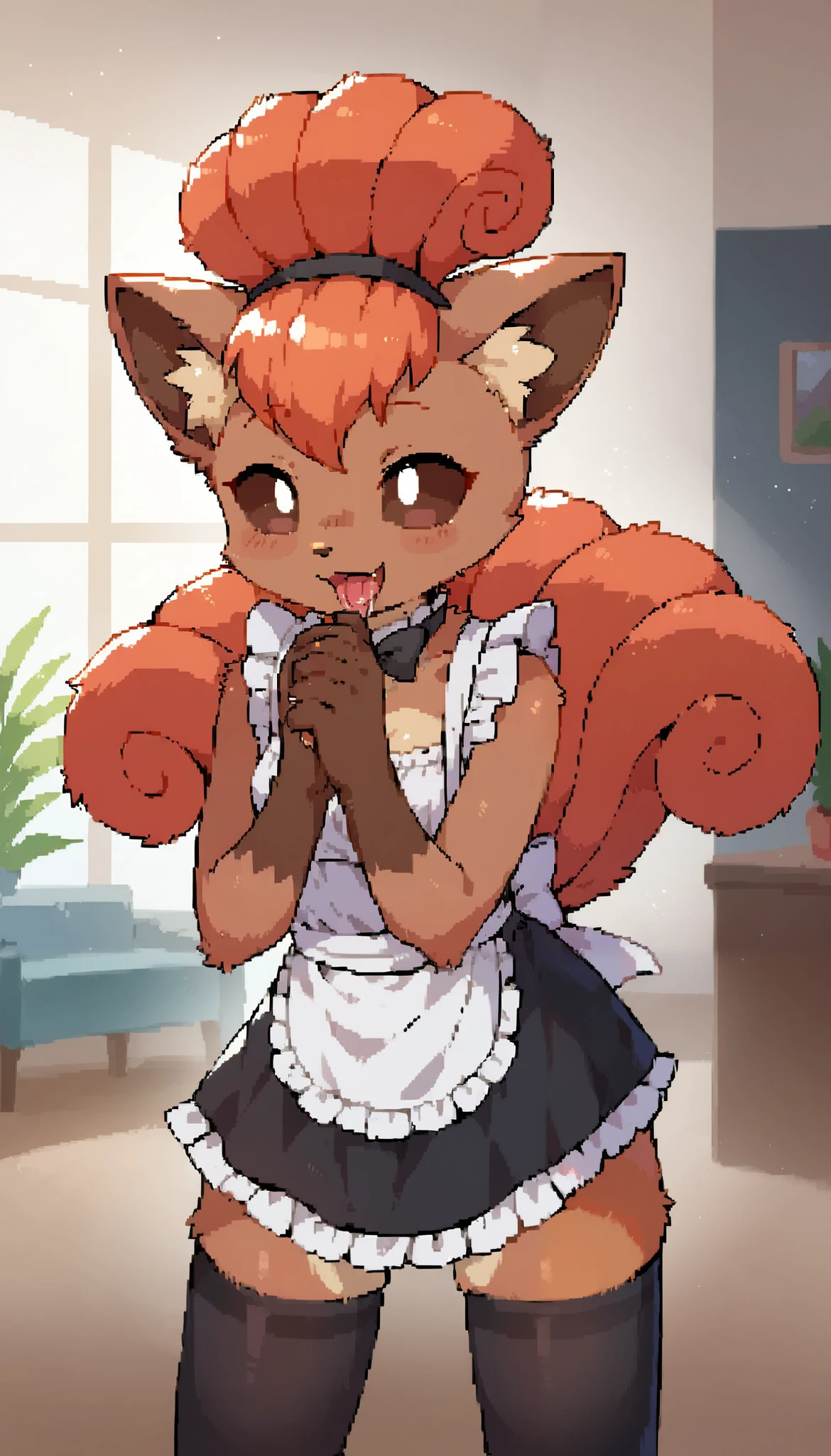 score_9, score_8_up, rating_Explicit, anthro,(furry, anthro:1.2) (detailed fluffy fur), solo, female, vulpix, cute, pokemon, (small breasts), breasts cute, cute eyes, cute head, (beautifully detailed face, oily shiny skin), (detailed eyes, sharp eyes, clear pupils:0.8), masterpiece, happy, hands empty, smile, mouth, background living room, house, dressed, wear maid outfit, apron stockings, Fellatio, bending over, deepthroating on her human trainer's huge wide hard throbbing cock, nsfw, lewd, saliva, thirsty for cum, sex from behind, male, size difference, stand doggy style, sex pose