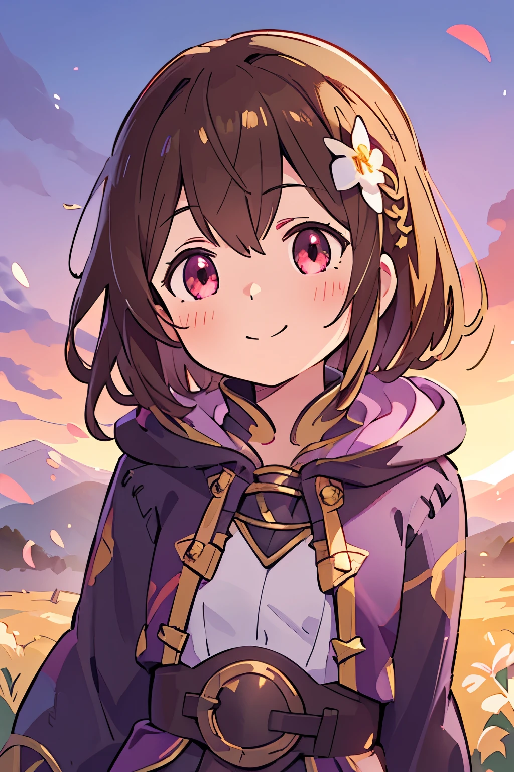 (high-quality, breathtaking),(expressive eyes, perfect face) 1girl, female, solo, portrait, Fire Emblem Awakening, Symmetrical Eyes, open field background, Robin (Fire Emblem: Awakening), dark Brown hair color, short hair length, messy wavy hair, hair ornament, upper body, pink eyes, Black and purple robe, gold trim, hood, white shirt, brown belt, tomb, positive expression, cute smile, detailed eyes, adorable face, short height, Cult of Grima, Fell Dragon Grima, Arms down, female robin (fire emblem), dark brown hair, flower petals, braided bang, ribbon in hair, soft breeze, sunrise skies
