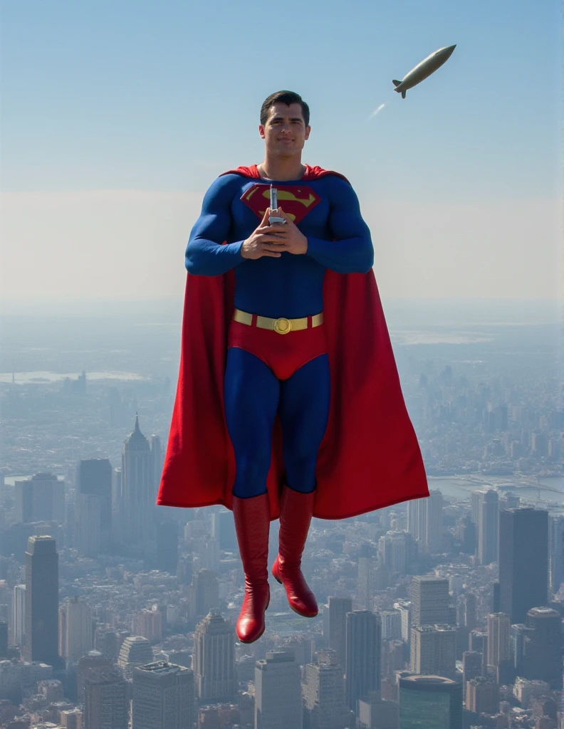 Cold, cloudy sky, middle-aged Superman, with broad shoulders and ?????, no abs, bulging ??????, thick arms and thighs, standing on a cliff