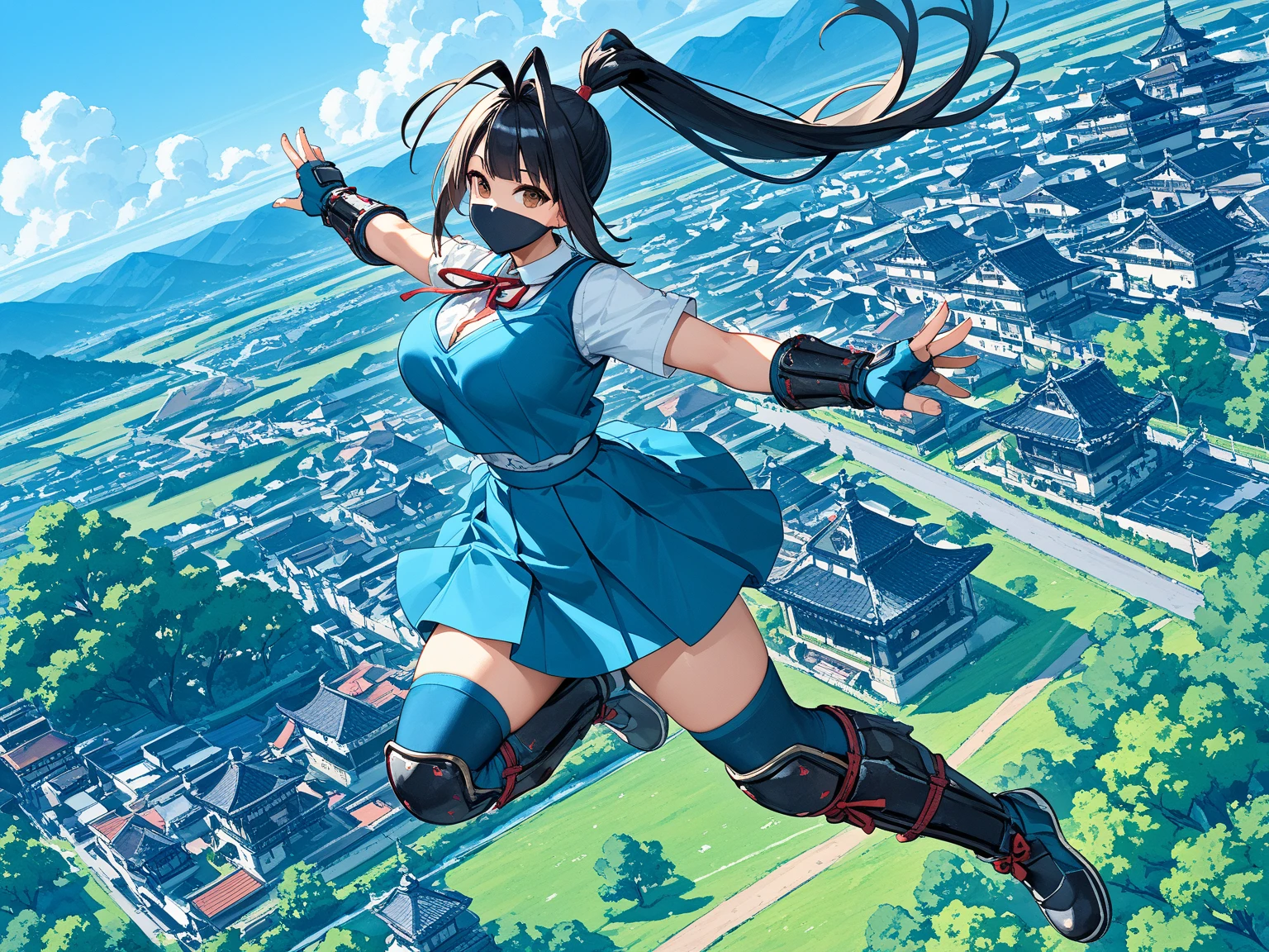 ,solo,1girl\(IbukiSF,cute,kawaii,big breast,long hair,skirt,big eyes,black hair,thighhighs,gloves,brown eyes,very long hair,(school uniform),ponytail,fingerless gloves,armor,(black mask),antenna hair,japanese armor,knee pads,kote,shin guards,ibuki\(street fighter\),dynamic action, (dynamic pose:1.3), (jumping:1.5),(in the air:1.4),(aerial action:1.3),(Parkour:1.3),muscular,seductive, glamorous\). (from below:1.3), background\(cute little 1tanuki,(many kunai:1.3) shot toward viewer,over the roof of old (kyoto) temple\),(dynamic angle:1.3), Dutch angle,landscape. score_9, score_8_up, score_7_up, score_6_up, score_5_up, score_4_up, source_anime,source_furry,rating_safe,rating_questionable,masterpiece, best quality, perfect anatomy , very aesthetic , absurdres ,