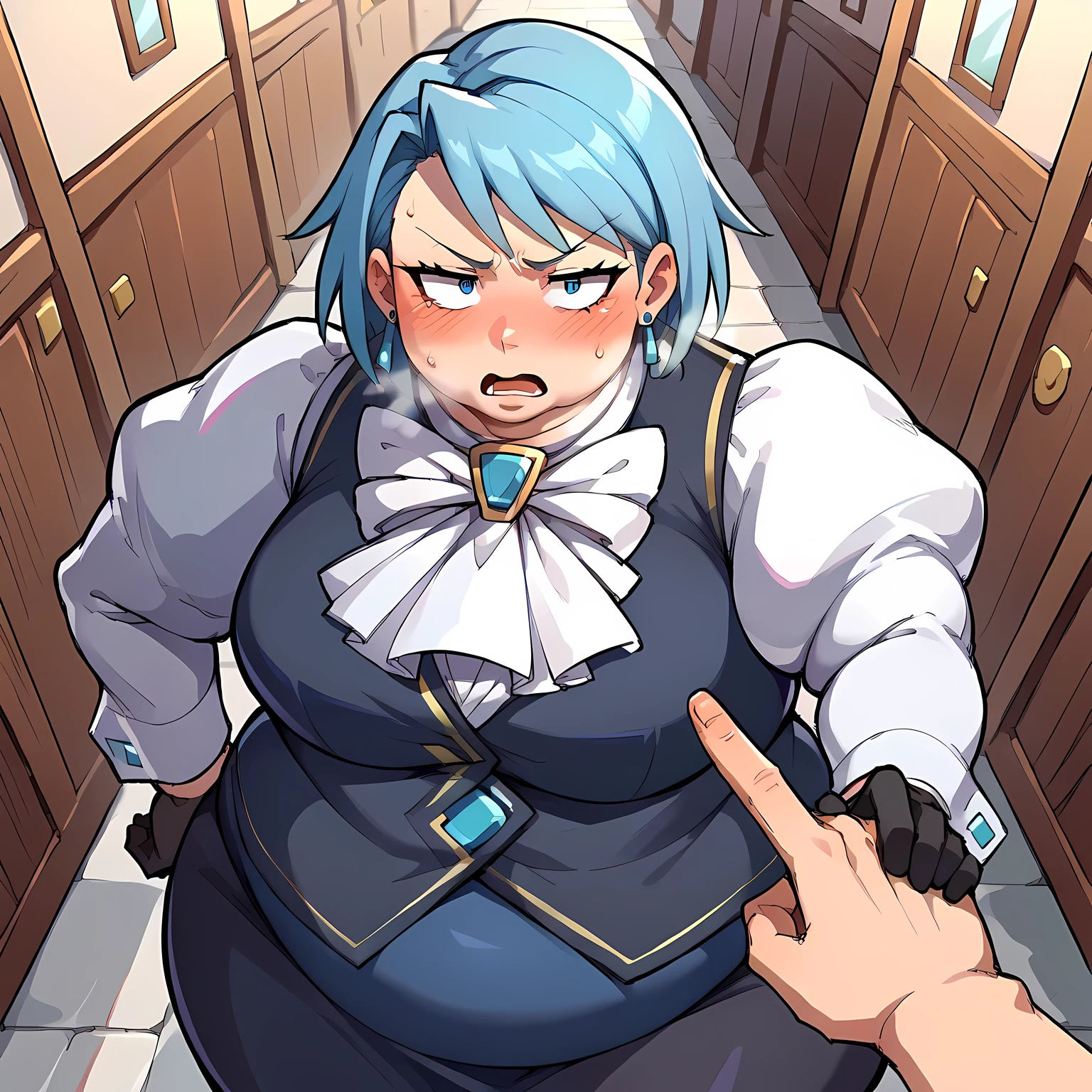 score_9, score_8_up, source_anime, 1girl, solo BREAK  aafranziska, ascot, puffy sleeves, black vest, pencil skirt, pantyhose, black gloves, jewelry, earrings, hand on hip, pointing at viewer, hallway, blush, flustered swollen face, fat, chubby, obese, open mouth, out of breath, absurdres, highres icon, rating:General, confused, blush, {flustered}, nervous sweating, portrait, pov hands, hand on another's cheek, averting eyes, [looking away], straight-on, from above,  upper body, masterpiece, best quality, ultra-detailed, high resolution, 8K, 