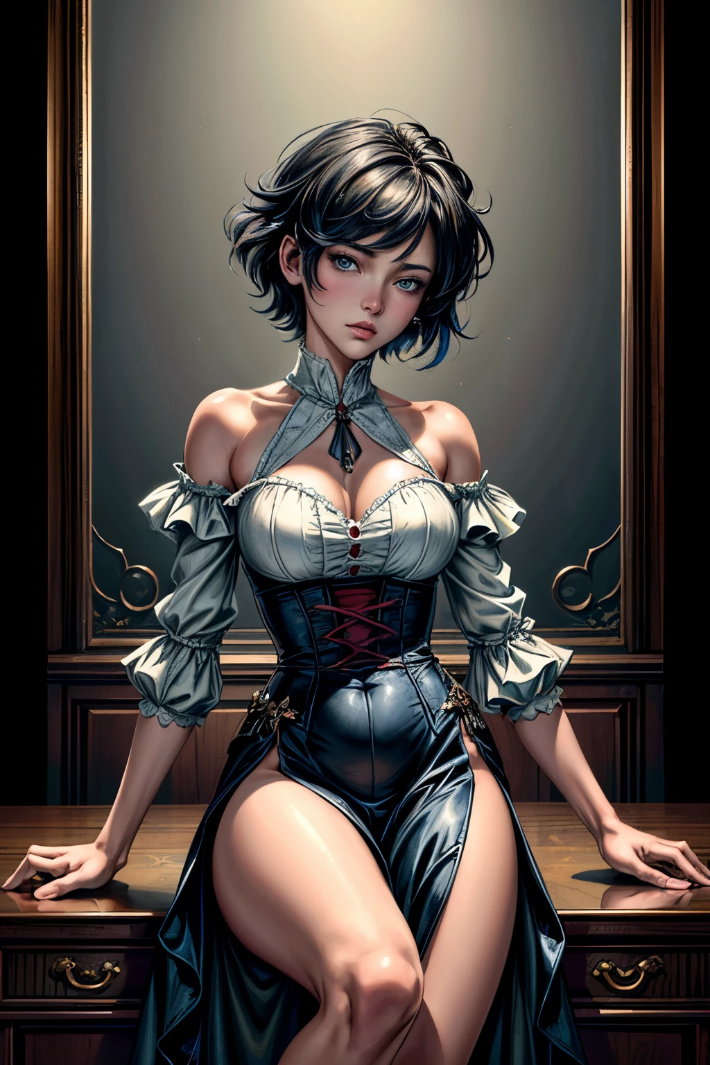 Sexy Demon Girl Servant, ((shingle)) ((black hair)) ((Beautiful and detailed face)), Charming, sexy facial expression, is looking at the camera, ((Skin color: white)), Body glare, ((Clear eyes)), ((Beautiful Female Eyes)), ((gray eyes)), ((Perfect Sexy Figure)), ((Ideal body shapes)) ((Detailed hands)), big thighs, ((Subtle and beautiful)), ((sexy clothes: ((White Medieval Dress)) z ((black corset)) and sexy neckline, chocker on neck)), Sexy Sitting Position, ((in full height)) background: Beautiful Victorian house, Depth of field, ((ultra quality)), ((tmasterpiece)), ((clear image)), crisp details, Realistic, ((Professional Photo Session)), ((Clear Focus)), the anime, Colorfully drawn, NSFW