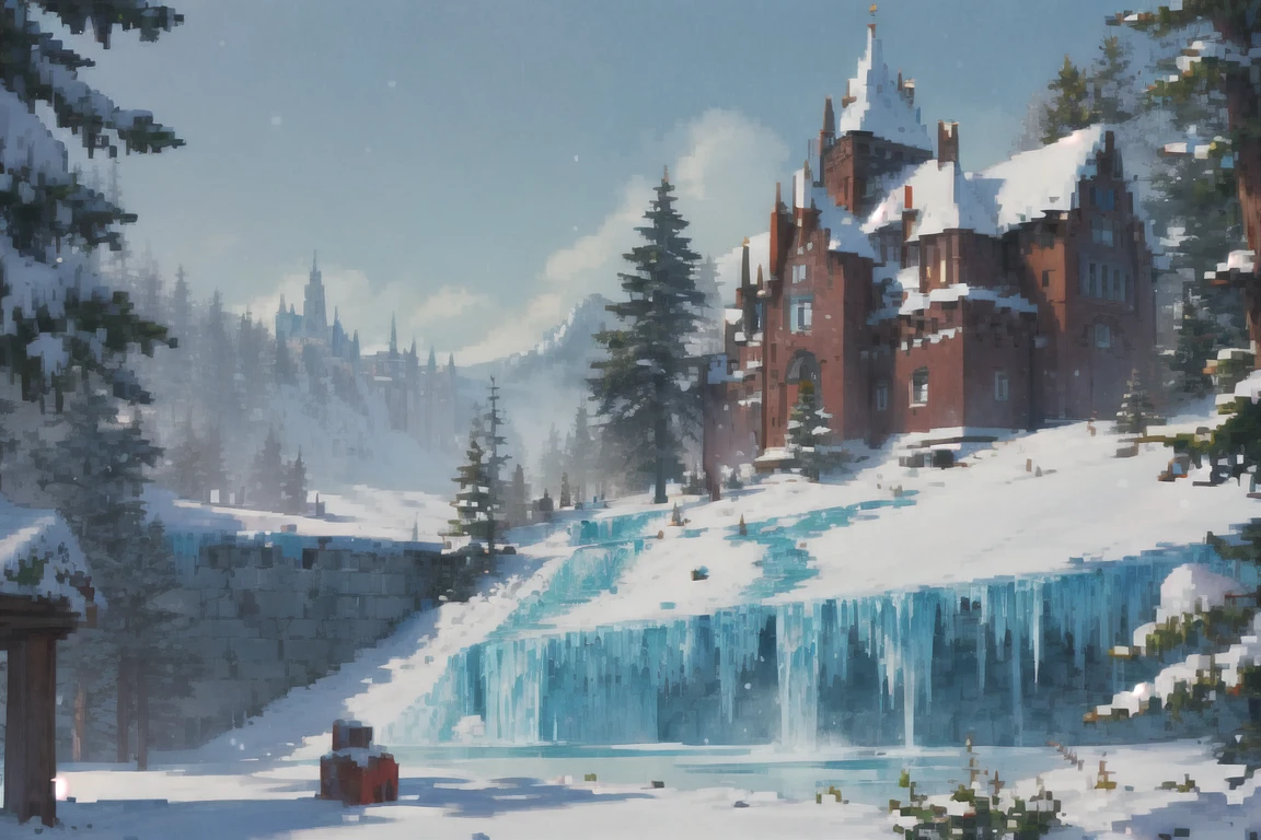 pixel art, scenery, Ice Kingdom, a northern kingdom covered in snow and ice, with a castle made of ice standing high above the city, surrounded by coniferous forests and protected by ice walls,