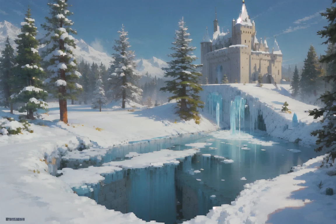 pixel art, scenery, Ice Kingdom, a northern kingdom covered in snow and ice, with a castle made of ice standing high above the city, surrounded by coniferous forests and protected by ice walls,