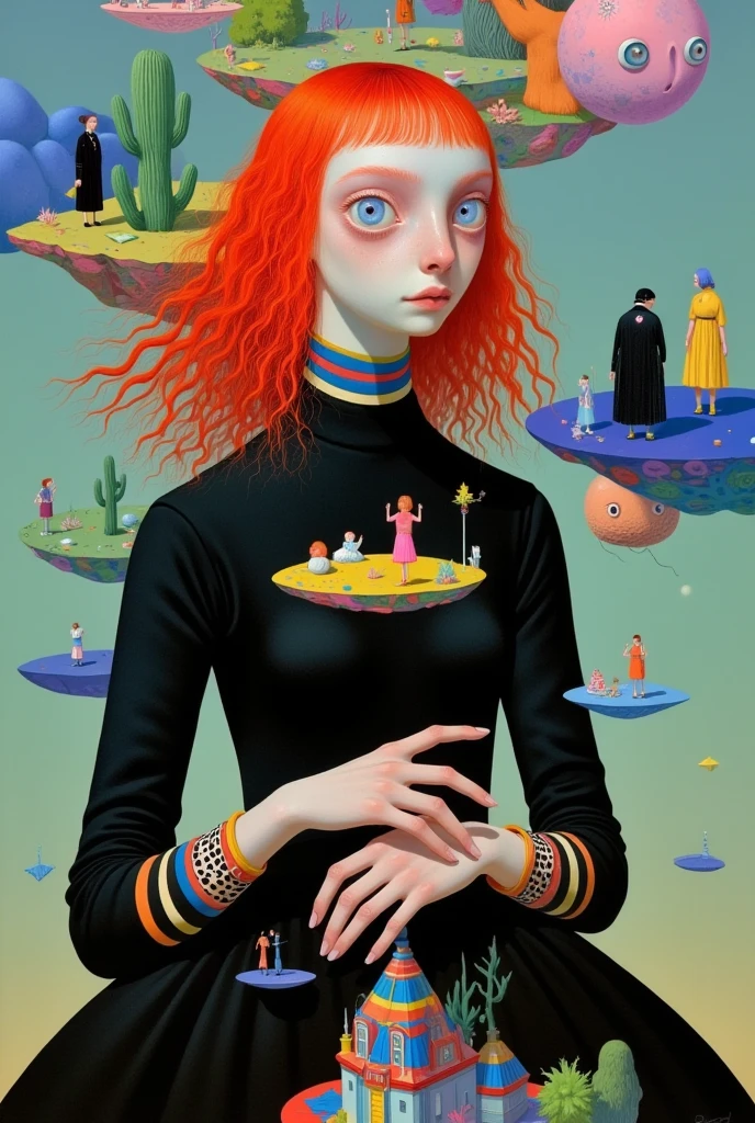 A painting with red hair 、 of a woman in a black dress ,  surrealistic painting by Martine Johanna, tumblr,  pop surrealism, Jane Newland,  colorful illustration , Pop-Surrealism,  pop surrealism art style,  just a joke ,  beeple 和 jeremiah ketner , Dream illustration , Colorfull illustration, lowbrow  pop surrealism,  colorful flat surreal ethereal 