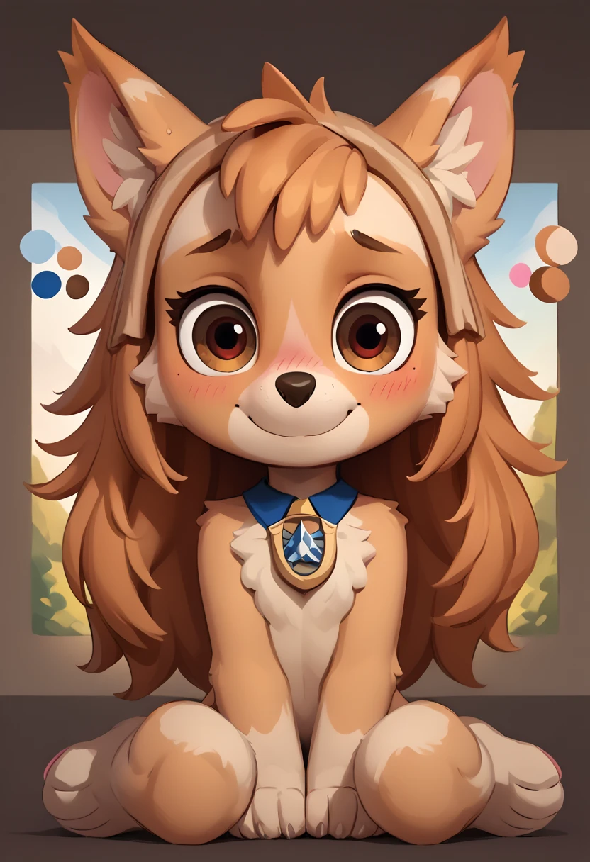 score 9 up, score 8 up, score 7 up, source_furry, rating_safe, masterpiece, best quality, high detailed, detailed face, cute, slim, anthro, (Liberty:1.3), beautiful and detailed brown eyes, embarrassed, blushing, nose blush, ear blush, looking down, small mouth, sitting kneeling, front view, by zinfyu, playing video games, big fluffy paws, smiling happily at the viewer, (info reference sheet:1.5),