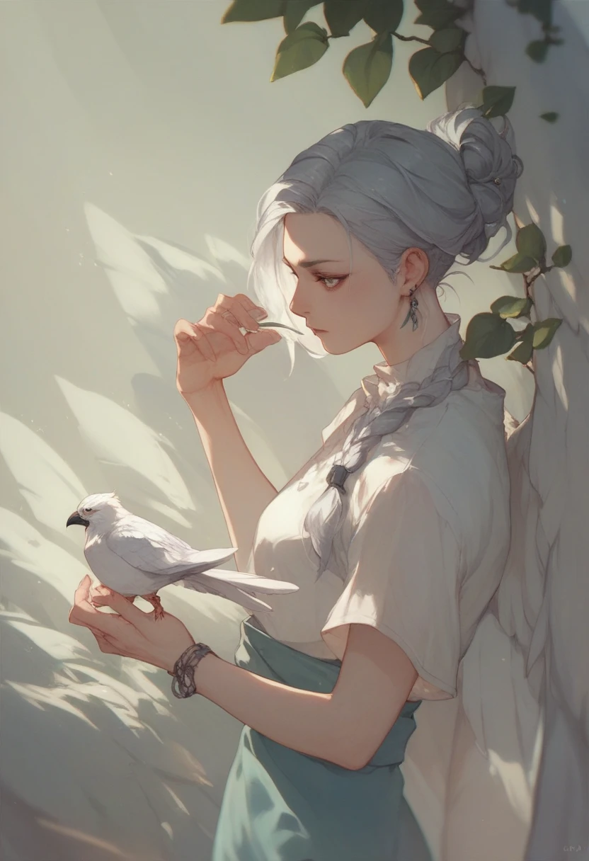  silver hair、white feathers mixed with black、 bird foot、Wing wrist