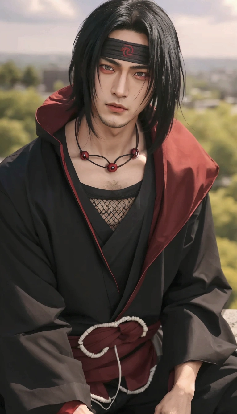 handsome character with black hair and red eyes sitting on a ledge, itatchi uchiha, handsome guy