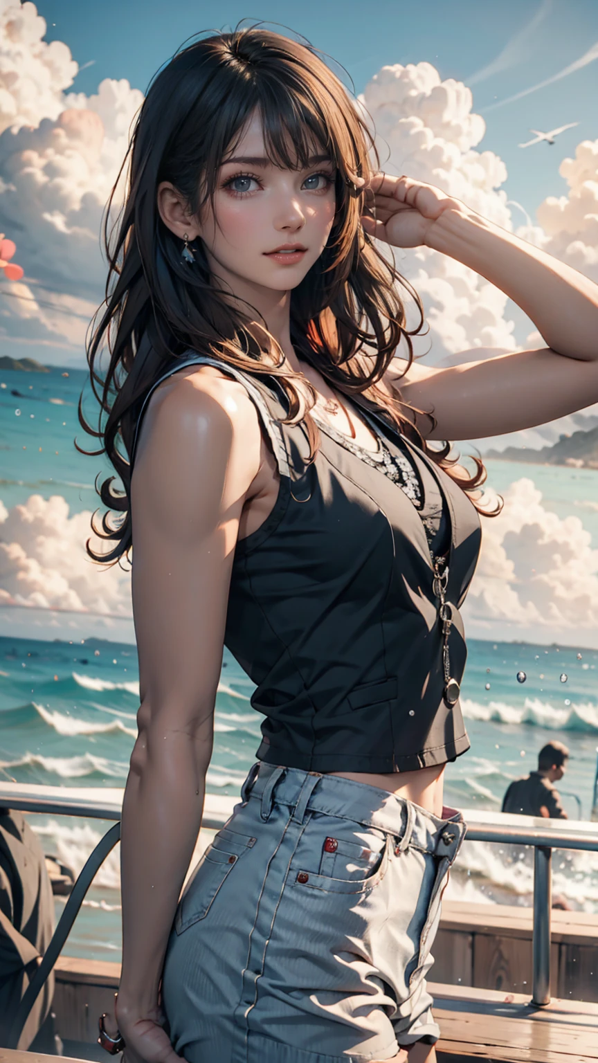 ((masterpiece)), ((highest quality)), ((High resolution)), ((detailed background)), (1 girl), pretty girl, black clothes, long hair, brown hair, brown eyes, ((detailed face and eyes)), wet lips, shine, dress, pantyhose, bare shoulders, naked waist, Macross Frontier, sheryl gnome, whole body, Backlight,