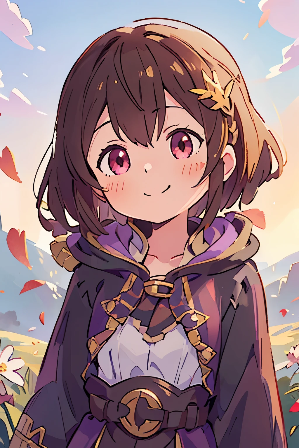 (high-quality, breathtaking),(expressive eyes, perfect face) 1girl, female, solo, portrait, Fire Emblem Awakening, Symmetrical Eyes, open field background, Robin (Fire Emblem: Awakening), dark Brown hair color, short hair length, messy wavy hair, hair ornament, upper body, pink eyes, Black and purple robe, gold trim, hood, white shirt, brown belt, tomb, positive expression, cute smile, detailed eyes, adorable face, short height, Cult of Grima, Fell Dragon Grima, Arms down, female robin (fire emblem), dark brown hair, flower petals, braided bang, ribbon in hair, soft breeze, sunrise skies
