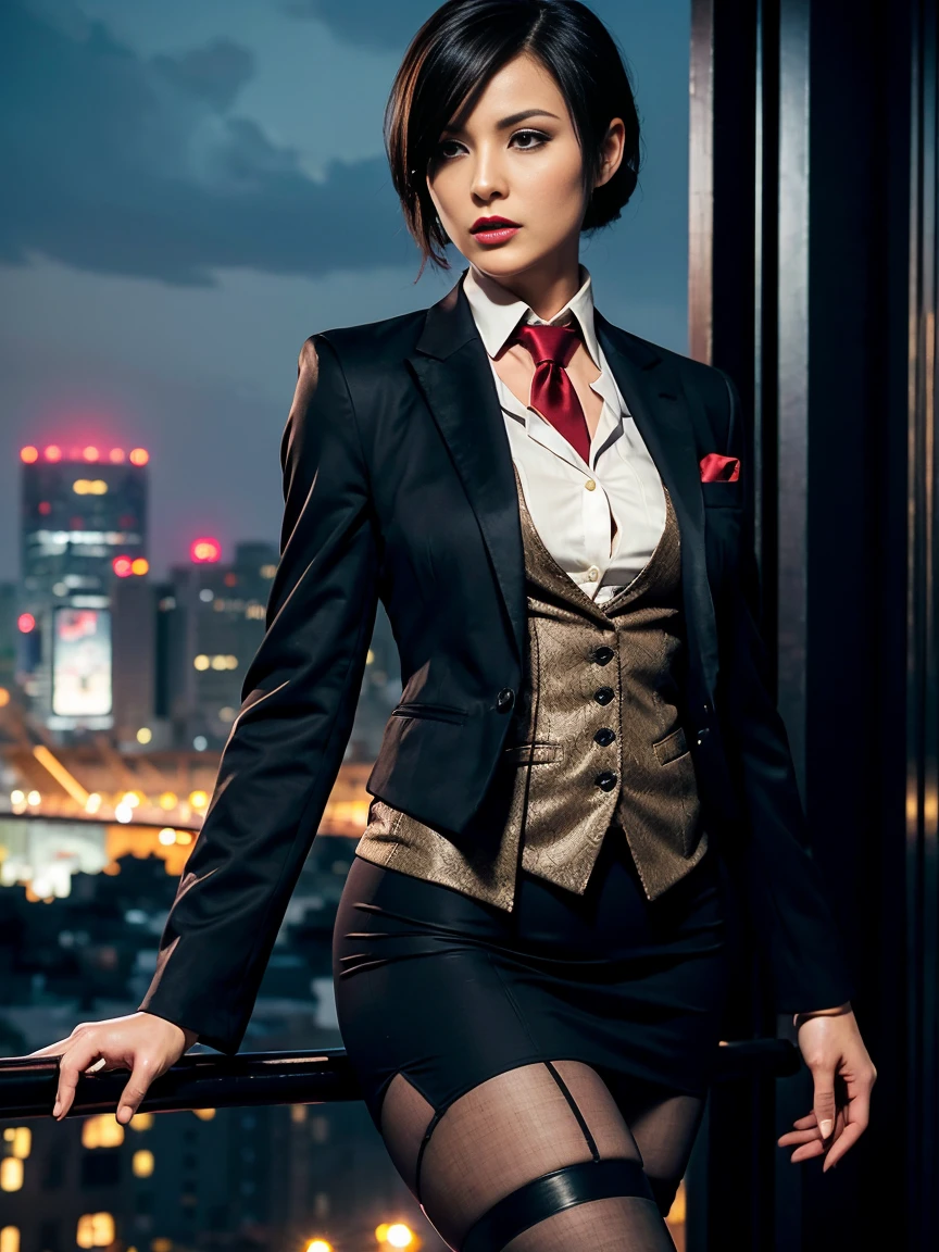 Resident Evil 4, Ada Wong, 1girl, makeup, silky hair, fully clothed, skirt suit, suit and tie, (((three-piece suit))), dress shirt, shirt and tie, necktie, ((blazer)), ((suit jacket)) ((waistcoat)), bodycon miniskirt, pantyhose, tights, stockings, red lipstick, pinstripe suit, high heels, belt, tie clip, pocket square, tailored suit, detailed Tokyo city night view background, 