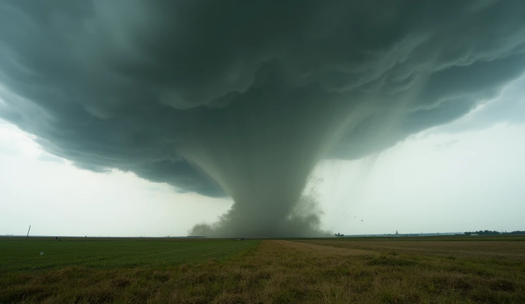 Panoramic view, a massive tornado swirling across the land, with dark clouds and debris flying everywhere. The tornado is in a realistic style.