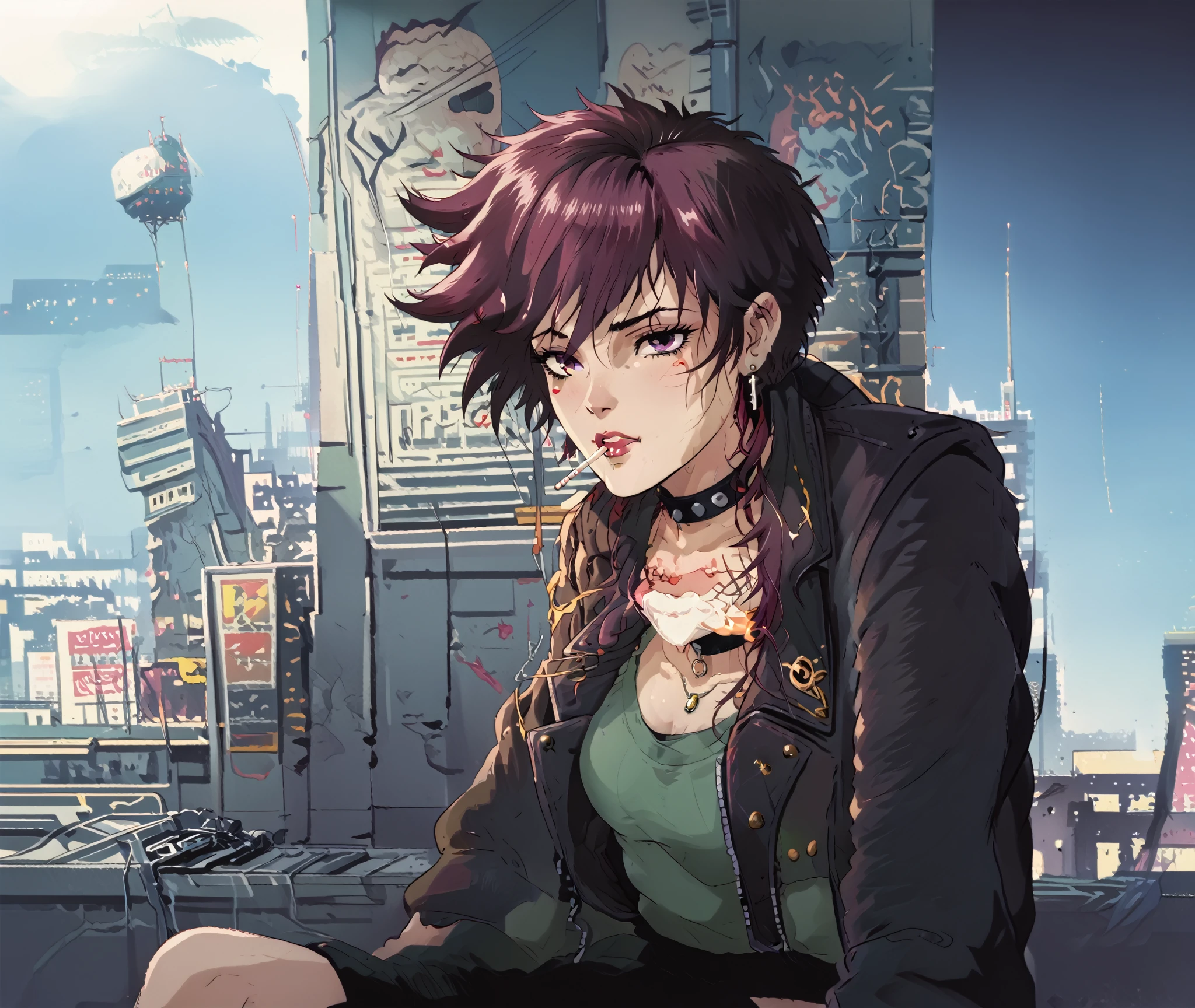 90's dark anime punk girl with aviators and long dark hair. A urban city in the background illuminates her. She wears a leather jacket over a green tank top and a choker necklace. She leans against a pillar with a cigarette in her mouth. There is an overall purple bluish tint to the scene and is zoomed out to show her and the city backdrop.