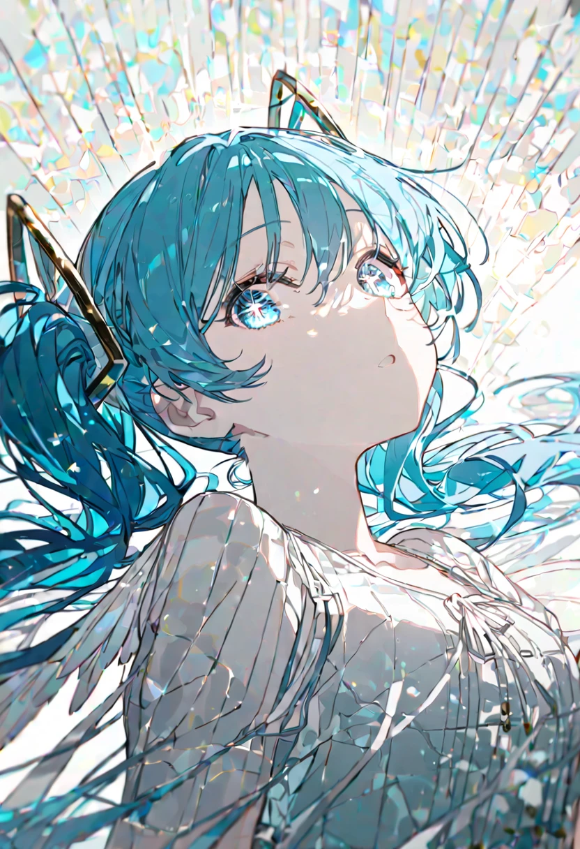 best quality, beautiful, absurdres, woman, HatsuneMiku-Vocaloid, neutral, sitting on the floor, looking at viewer, long twin tail hair, white sky blue hair, with sparkling eyes, white eyes, eyes open, pale skin, tall, dress, teenager, white background, beautiful, soft lines, upper body, from side, overhead shot, with angel wings on back,Close,transparency illustration, Calm colors