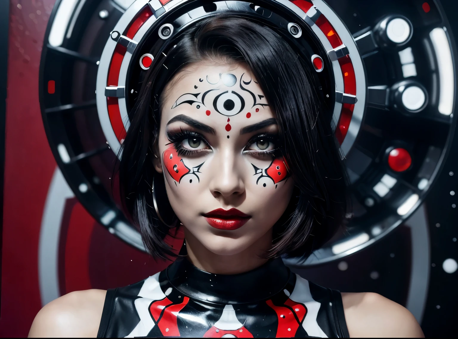 arafed woman with a red and black face and a black and white pattern, an airbrush painting inspired by Lichtenstein, featured on cgsociety, toyism, intricate cyberpunk make - up, surreal black and red, elaborate patterned makeup, symmetrical vogue face portrait, futuristic woman portrait, symmetrical painted face, cyborg fashion model, portrait of a cyborg queen