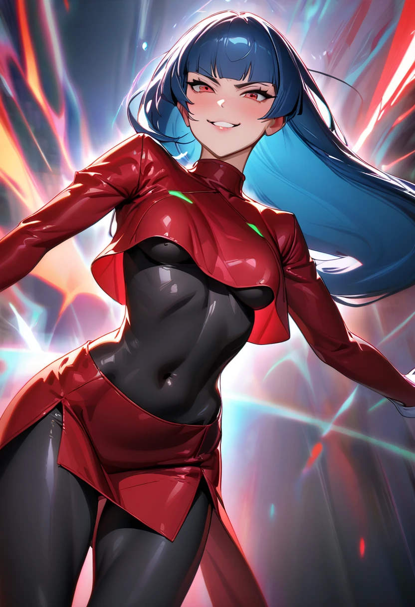 NSFW,frlgsab, blue hair, blunt bangs, very long hair, black bodysuit, red turtleneck, crop top, covered navel, red sleeves, red skirt, white gloves, black pantyhose、A mean smile、Telekinesis