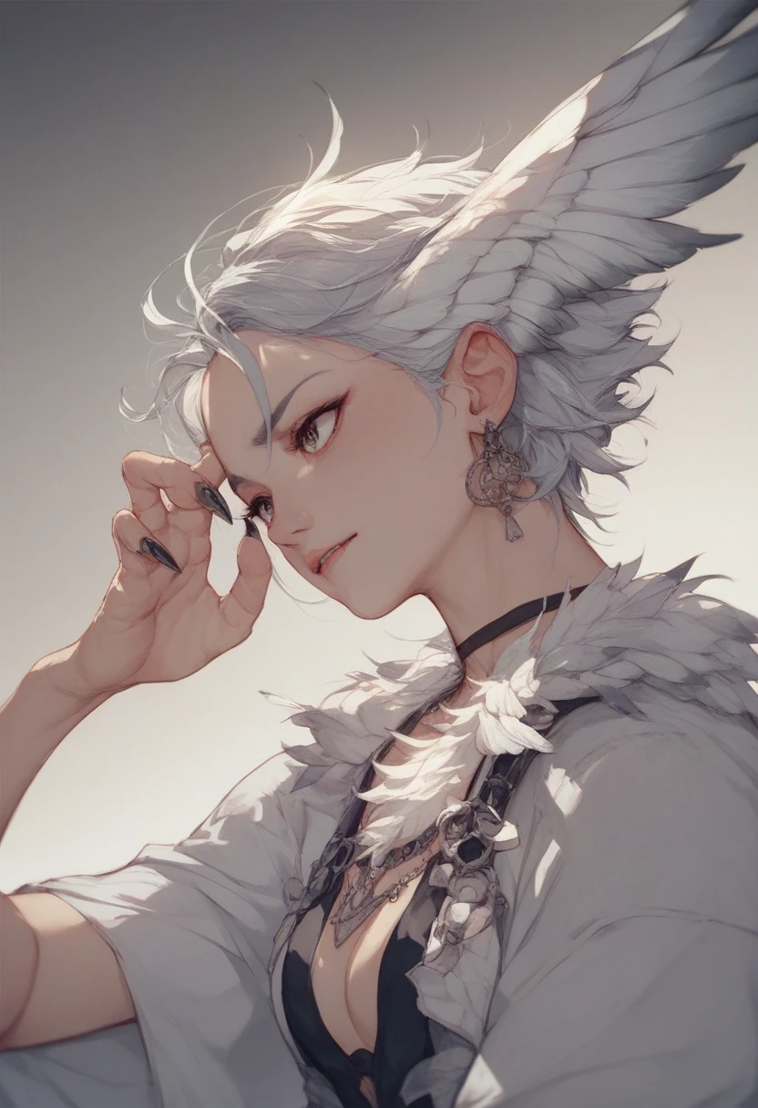 Harpie、1 Girl、 silver hair、white feathers mixed with black、 bird foot、Wing wrist