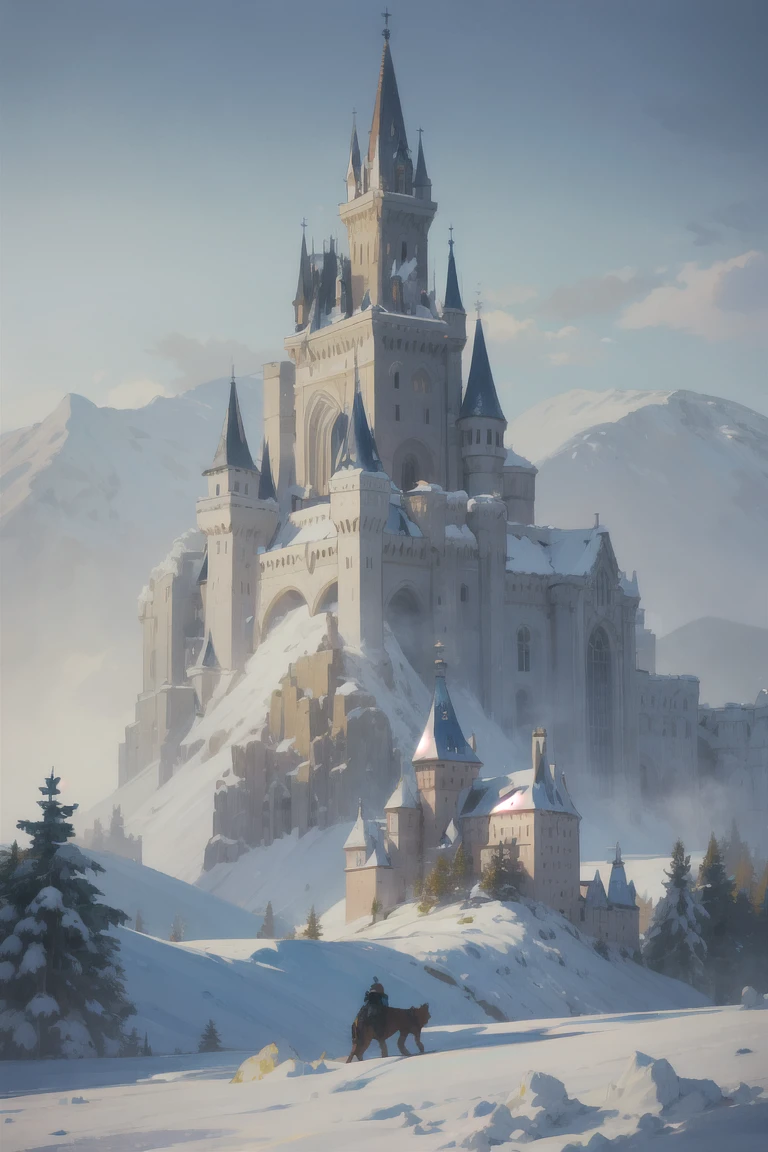 pixel art, scenery, Ice Kingdom, a northern kingdom covered in snow and ice, with a castle made of ice standing high above the city, surrounded by coniferous forests and protected by ice walls,