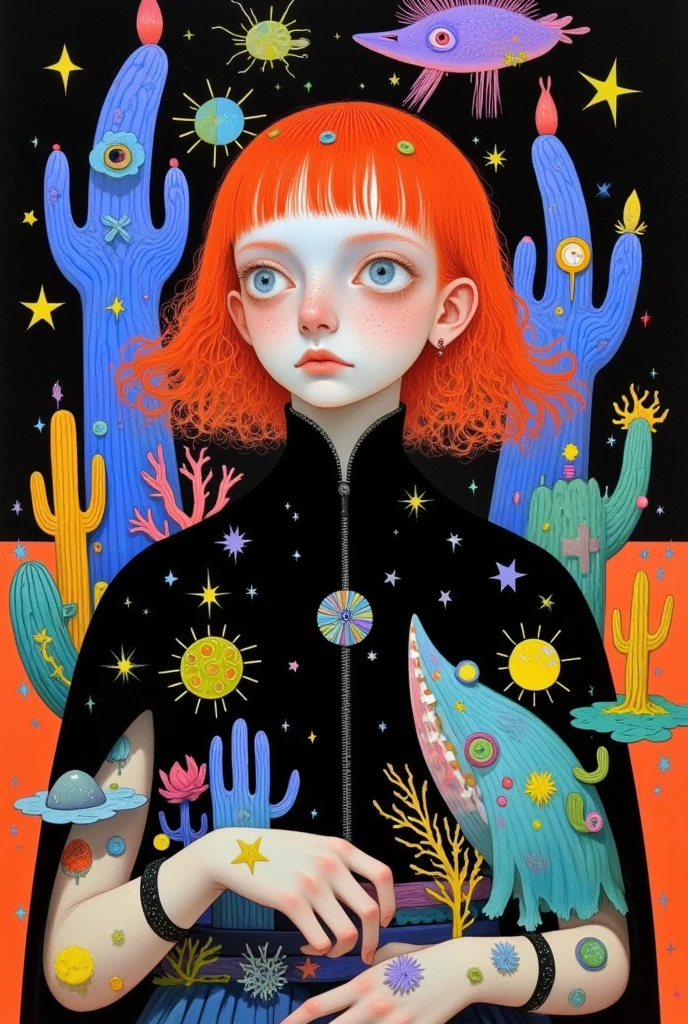 A painting with red hair 、 of a woman in a black dress ,  surrealistic painting by Martine Johanna, tumblr,  pop surrealism, Jane Newland,  colorful illustration , Pop-Surrealism,  pop surrealism art style,  just a joke ,  beeple 和 jeremiah ketner , Dream illustration , Colorfull illustration, lowbrow  pop surrealism,  colorful flat surreal ethereal 