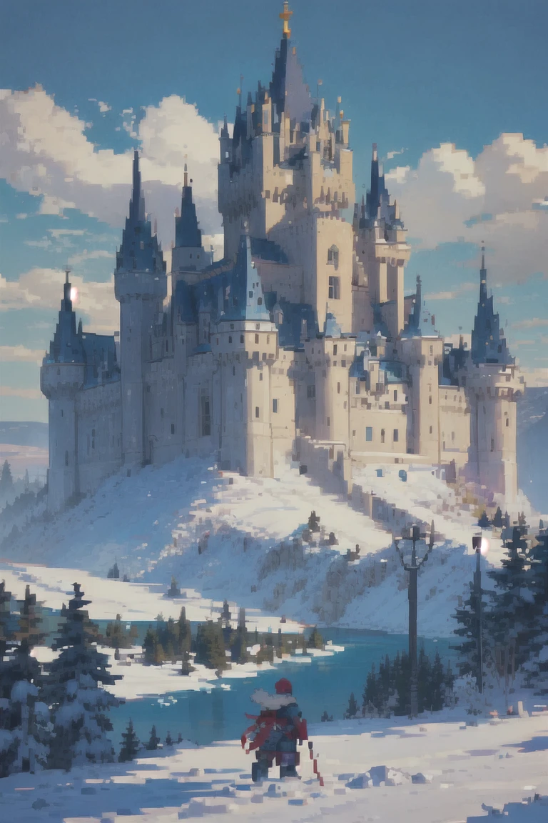 pixel art, scenery, Ice Kingdom, a northern kingdom covered in snow and ice, with a castle made of ice standing high above the city, surrounded by coniferous forests and protected by ice walls,