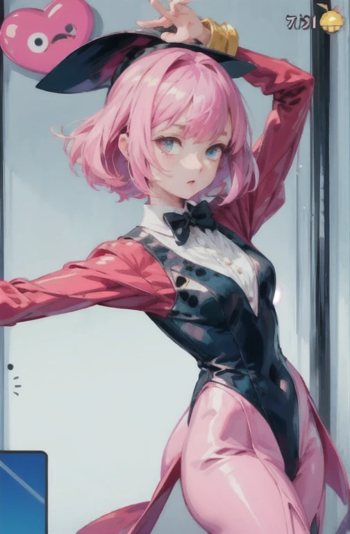 anime girl in a black leoper top and red bow tie holding a pink heart, va-11 hall-a, cel shaded anime, flirty anime witch casting magic, dancing in the background, she is dancing. realistic, kda, she is dancing, screenshot from guro anime, jessica rabbit, style of madhouse studio anime