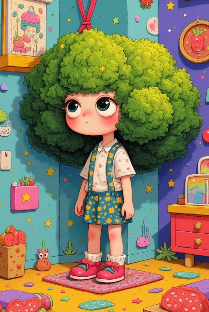 Cartoon girl with big curls standing in a room , Broccoli Hair ,  cute detailed digital art ,  colorful illustration , Lovely art style, 可爱的数字艺术, Cute illustrations,  可爱的细节艺术品 , Colorfull illustration,  art on artstation ,  a beautiful art illustration , Fertility illustration,  cute digital painting , Dream illustration ,   hand drawn cartoon art style inspired by cartoon 