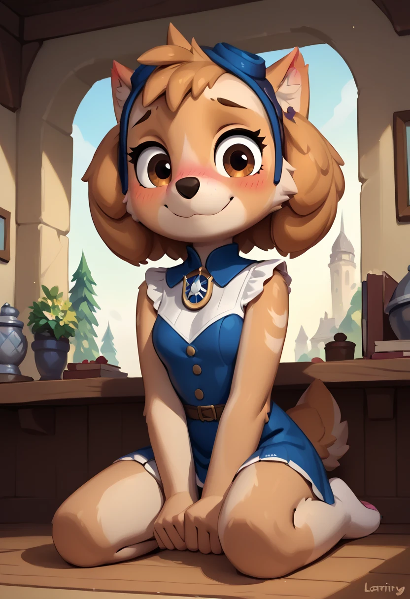 score 9 up, score 8 up, score 7 up, source_furry, rating_safe, masterpiece, best quality, high detailed, detailed face, cute, slim, anthro, (Liberty:1.3), beautiful and detailed brown eyes, embarrassed, blushing, nose blush, ear blush, looking down, small mouth, sitting kneeling, front view, by zinfyu, playing video games, big fluffy paws, smiling happily at the viewer,