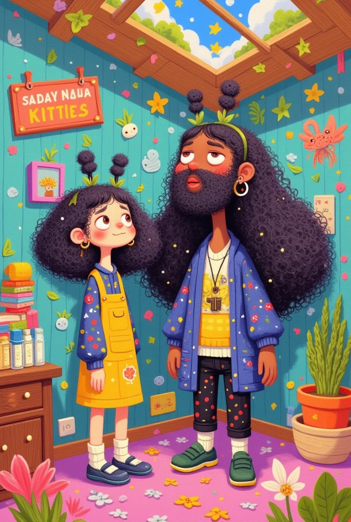  Storybook illustrations，cartoon girl standing in a room with a big black man, Ryan Yee , Popular on ArtStation,  pop surrealism, Broccoli Hair ,  cute detailed digital art ,  colorful illustration , Lovely art style, 可爱的数字艺术, Cute illustrations,  可爱的细节艺术品 , Colorfull illustration,  art on artstation ,  a beautiful art illustration , Fertility illustration