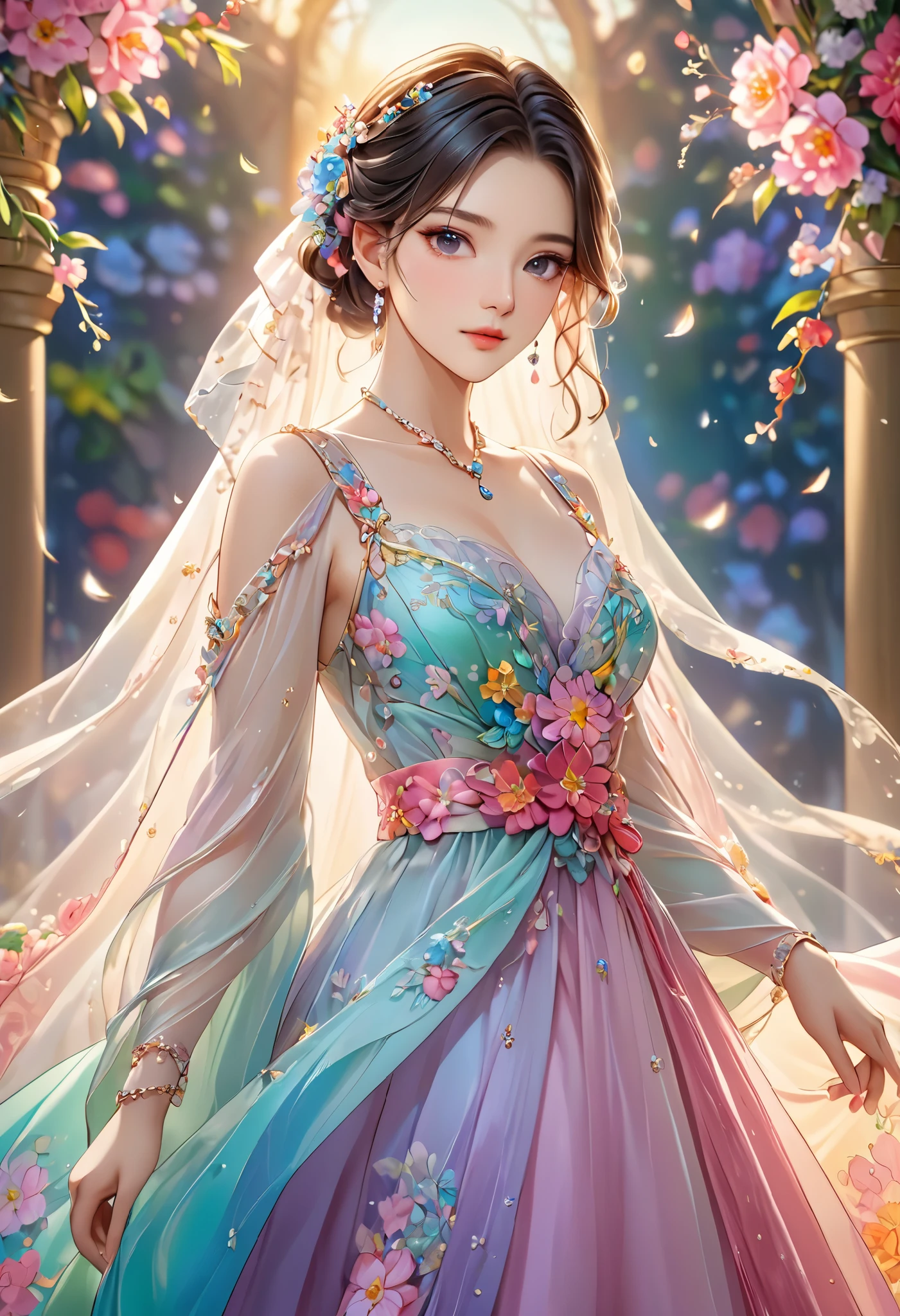  best quality,  best quality, 8k,  very detailed, Delicate, dynamic  ,  Very Delicate Expression ,  delicate eye depiction,  upper body close-up, Healthy body shape, 22-year-old woman, Aristocratic woman,  170 cm , Colorful floral decoration, Wrap the whole body in a translucent cloth, Colorful long dresses,  detailed illustrated art including backgrounds,