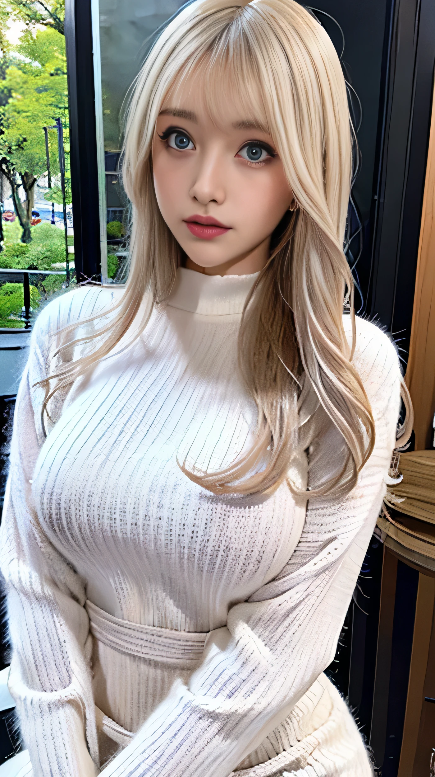 ( table top in front of you:1.3), high definition , ultra detail, Highly Detailed CG Unity 8K Wallpaper , realistic , Photographically, RAW photo, beautiful detailed face, 青 white skin, realistic glowing skin, detailed cloth texture, Hair texture details, perfect body, beautiful face, Accurate, Anatomically Correct, High Definition Face and Skin Textures, natural neck length with a cross-shaped iris, ( beautiful hands), ( white skin:1.2), Thin legs, Thin legs, break,erect nipple:1,2,hard nipple:1.2,big nipple:1.2, Layered Bob Hairstyle, ( blonde alone、Pink inside), forest setting , Glowing purple eyes, Masterpiece , best quality ,( realistic : 1.4),超 high definition , Unity 8K, (delicate beautiful eyes:1.6),Symmetric, Highly Detailed Faces , Complete,Night view outside、 ( perfect hand, perfect anatomy ), (Night hotel room background:1.3), (( maxi knit dress and fur coat 1.3)), ( on the body Be careful:1.3), ( Big Breasts , toned stomach ), (I'm wearing a black long sleeve sweater)