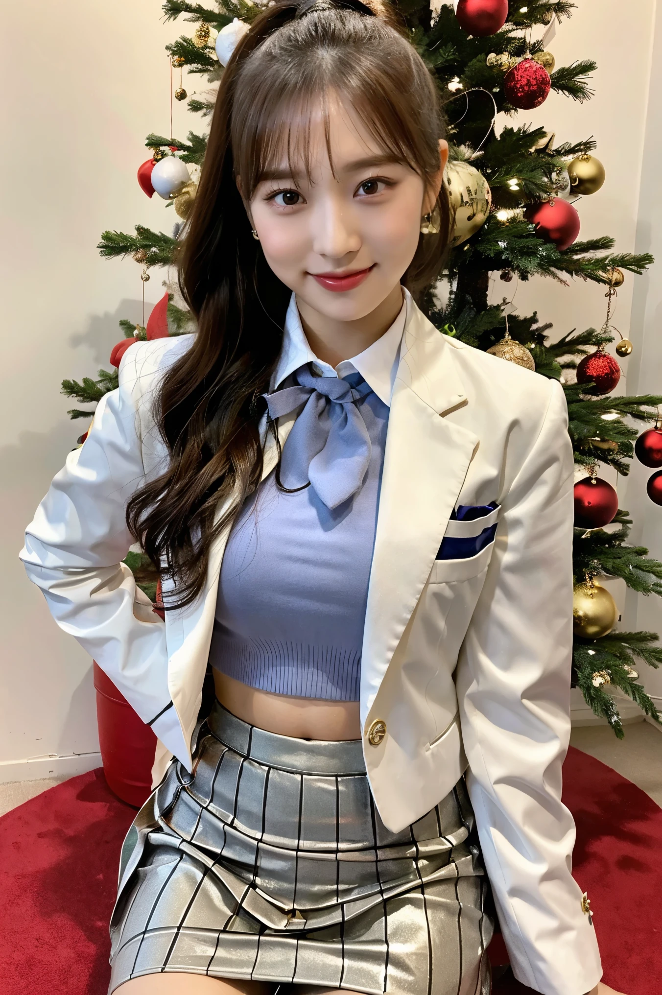 (8k), (highest quality: 1.2), (Realistic), (Realistic: 1.37), Ultra-high resolution, 1 girl, cute, Shiny skin,Blushing,smile, Mouth closed, Beautiful details, Beautiful Nose, whole body, Wet Hair, ponytail hair,Giant Dulcefo, pork,Navel exposed,University Student Uniform, nyron inner ,A simple blazer, check Pleated skirt, shiny thighs, Christmas atmosphere, Christmas