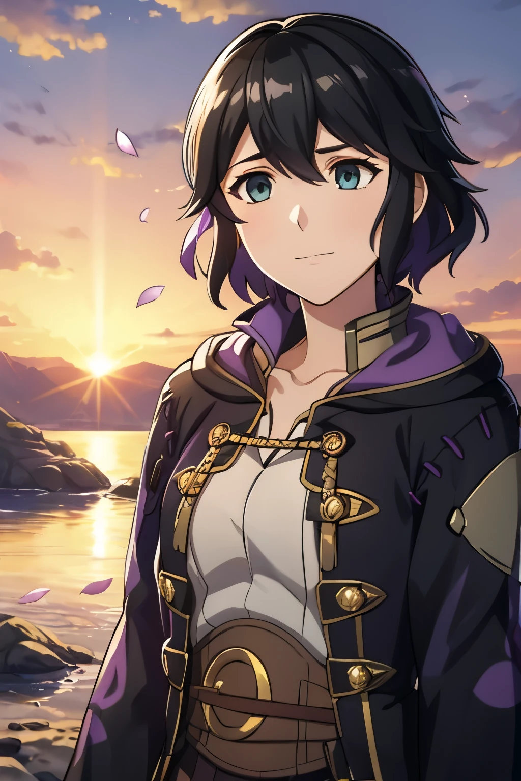 (high-quality, breathtaking),(expressive eyes, perfect face) 1girl, female, solo, portrait, Fire Emblem Awakening, Symmetrical Eyes, open field background, Robin (Fire Emblem: Awakening), black hair, short hair length, messy wavy hair, hair ornament, upper body, green eyes, Black and purple robe, gold trim, hood, white shirt, brown belt, tomb, positive expression, soft cute smile, detailed eyes, short height, Cult of Grima, Fell Dragon Grima, Arms down, female robin (fire emblem), flower petals, braided bang, ribbon in hair, soft breeze, sunrise skies
