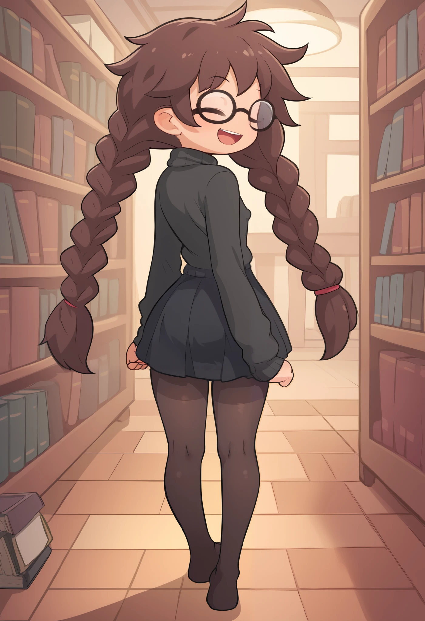 Small girl, young, full body, (solo 0.6), dark brown hair, braids, twintails, messy braids, puffy hair, messy hair, very long hair, skinny body, skinny legs, skinny thighs, slender body, thin waist, flat chest, indoors, (solid black sweater 0.9), black sweater, solid black skirt,  black clothing, medium length skirt, knee length skirt, black pantyhose, glasses, eyes closed, laughing, pov, from behind, looking back at you, walking away, in a library, big eyes, hard erect nipples, cute,