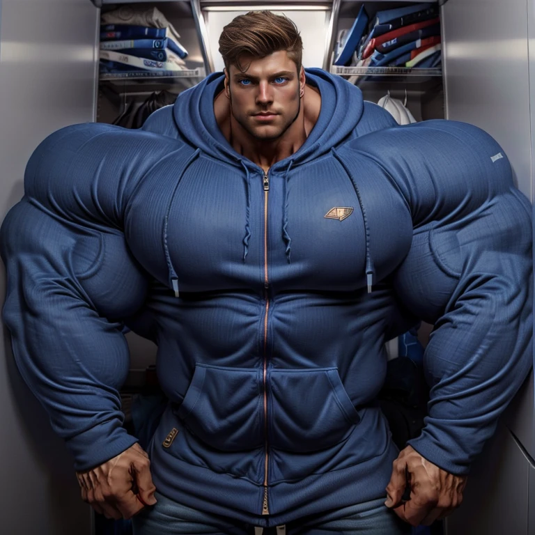 a very handsome, extremely handsome young man, wearing glasses, massively muscular, with massively large muscles, with massively large biceps, with massively large arms, wearing a simple blue sweatshirt with long sleeves, in a very cramped closet, he is so tall and muscular that his back hits the ceiling of the closet