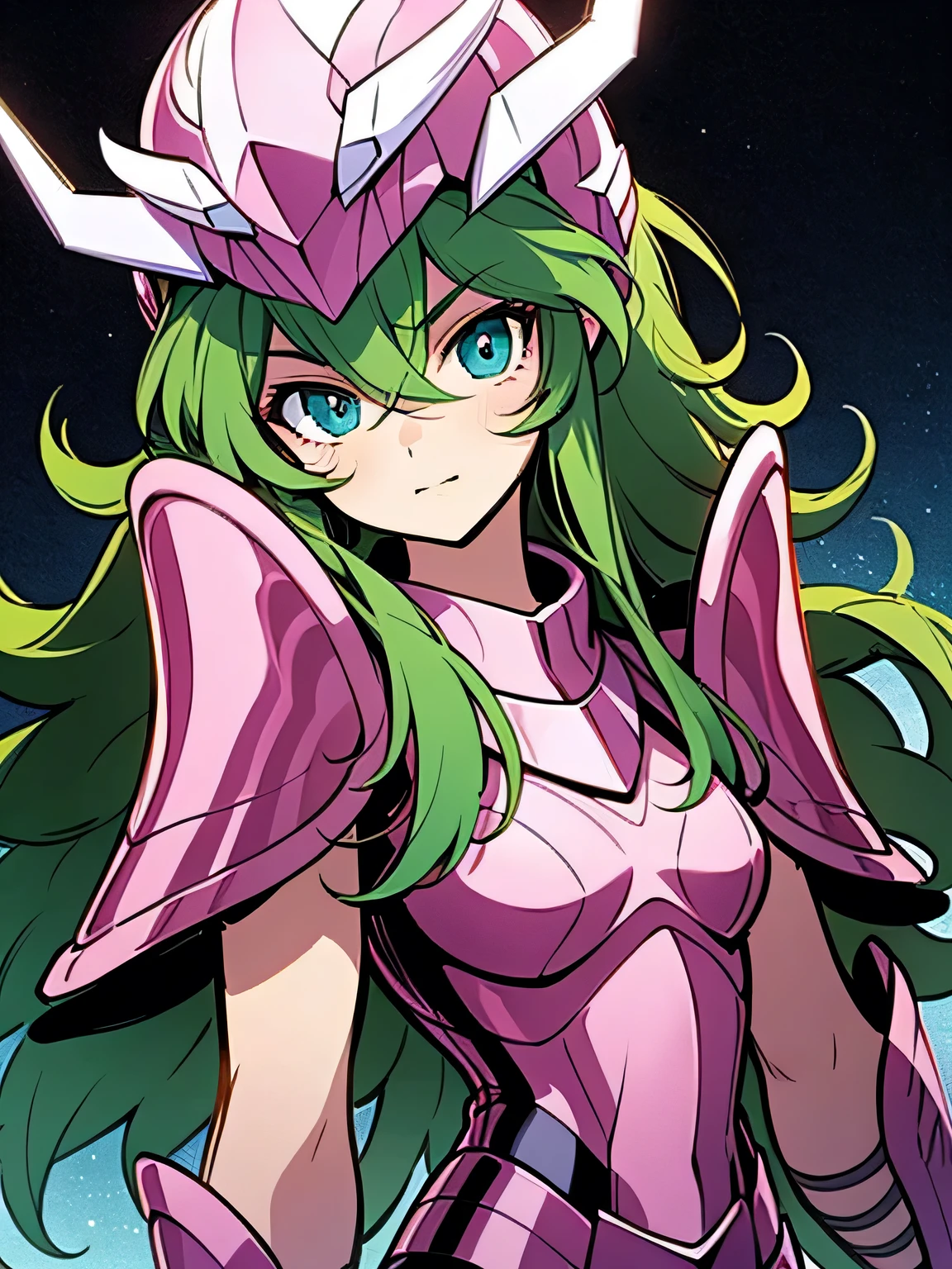 Masterpiece, highest quality, armature, realistic, shiny skin, vivid skin texture, best lighting, , dramatic lighting, dynamic pose, starry background, blue sky, space, 1 girl, balanced eyes , Andromeda Shun, pink armor, chest, , green hair, pink helmet, blue eyes, Looking at the Audience , breasts, faint smile, chains, (manga style), (sketch), (illustration),