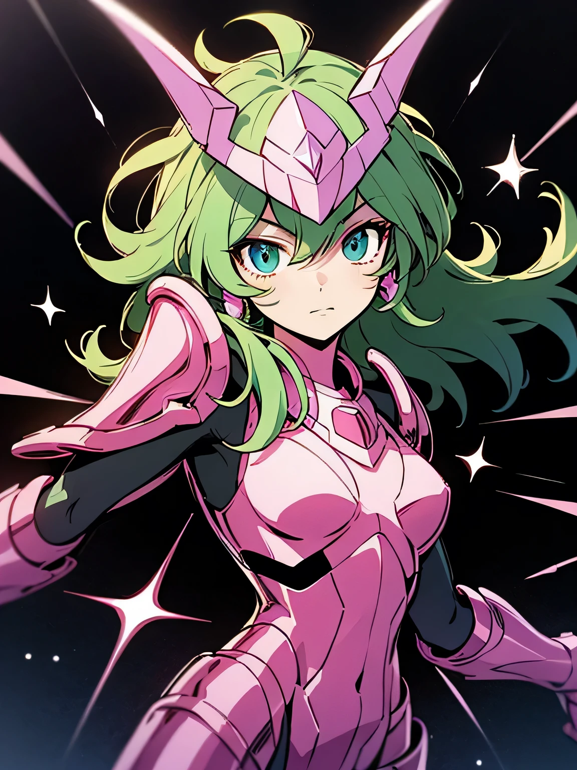 Masterpiece, highest quality, armature, realistic, shiny skin, vivid skin texture, best lighting, , dramatic lighting, dynamic pose, starry background, blue sky, space, 1 girl, balanced eyes , Andromeda Shun, pink armor, chest, , green hair, pink helmet, blue eyes, Looking at the Audience , breasts, faint smile, chains, (manga style), (sketch), (illustration),