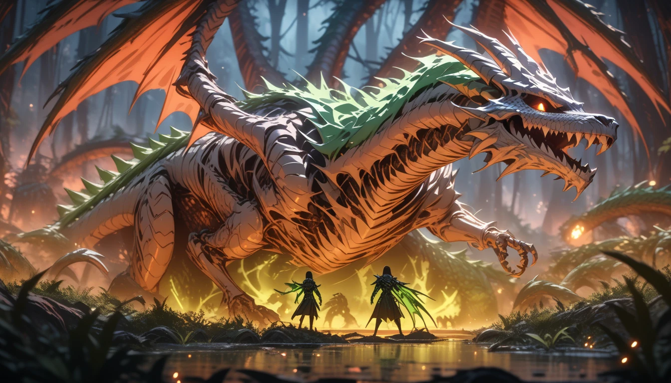 giant skeleton dragon in a swamp at night, swamp, flexural, Skeleton dragon, cinematic still, dramatic scenery, production,tails,fangs, hollow, wyrn dragon, skletelatl wings, power state, protecting,
((masterpiece)),  best quality, highres, 4k, 8k, Detailed Illustration, intricate detail, cinematic lighting, 