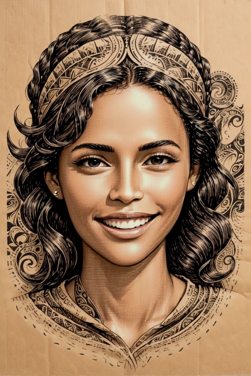 Black and brown drawing of an outdoor woman, smile from under forehead, on kraft paper, fantasy, highly detailed, ornate detailing