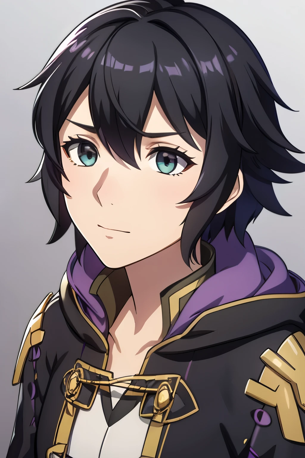 (high-quality, breathtaking),(expressive eyes, perfect face) 1girl, female, solo, portrait, Fire Emblem Awakening, Symmetrical Eyes, open field background, Robin (Fire Emblem: Awakening), black hair, short hair length, messy wavy hair, hair ornament, upper body, green eyes, Black and purple robe, gold trim, hood, white shirt, brown belt, positive expression, soft cute smile, detailed eyes, short height, Cult of Grima, Fell Dragon Grima, Arms down, female robin (fire emblem), braided bang, ribbon in hair, grey background, gradient background
