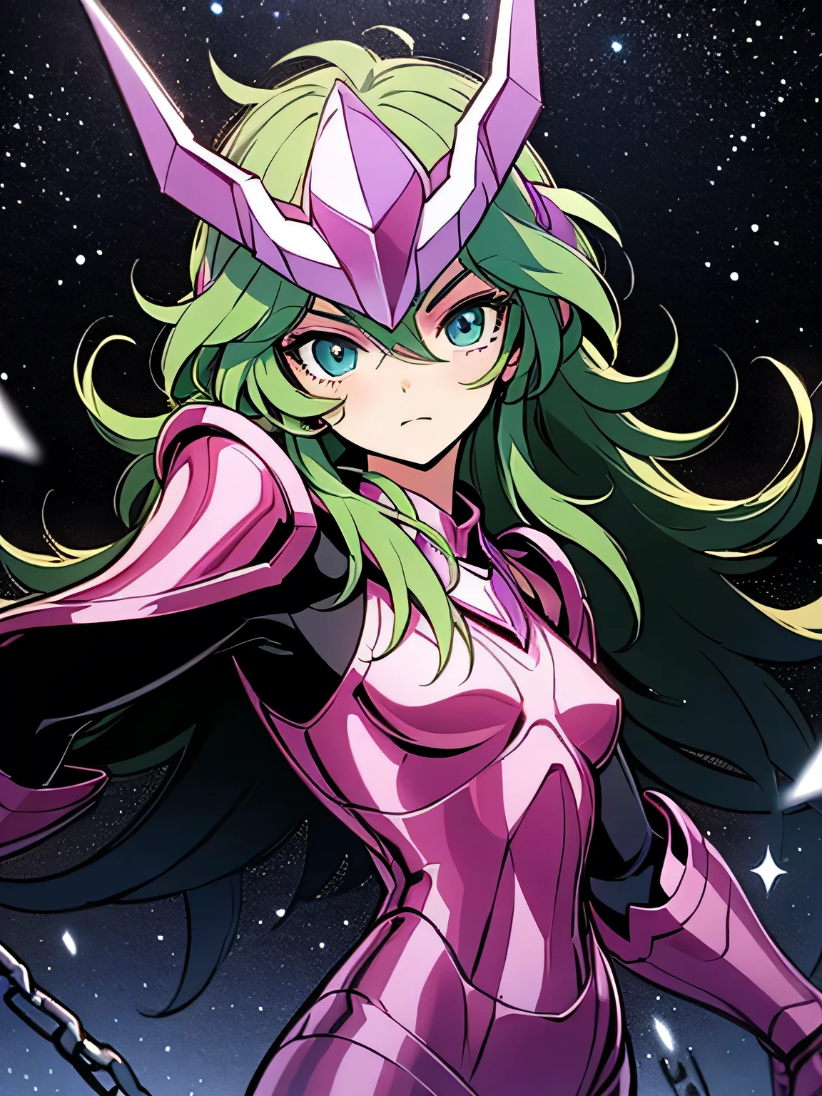 Masterpiece, highest quality, armature, realistic, shiny skin, vivid skin texture, best lighting, , dramatic lighting, dynamic pose, starry background, blue sky, space, 1 girl, balanced eyes , Andromeda Shun, pink armor, chest, , green hair, pink helmet, blue eyes, Looking at the Audience , breasts, faint smile, chains, (manga style), (sketch), (illustration),