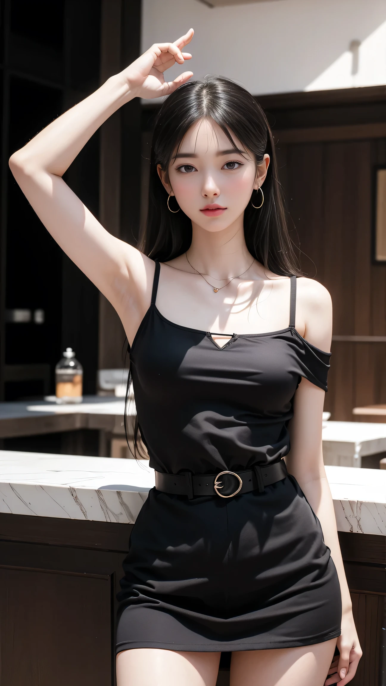 delicate，masterpiece，beautiful details，very colorful，exquisite details，delicate lips，the details are complicated，natural D cup breasts，one woman，（Beautiful 20 year old cute Korean woman：1.1），（South Korean K-pop idols），（50mm sigma f /1.4 Zeiss lenses, f1.4, 1/800s, ISO 100, picture:1.1), (black short hair:1.6), (realistic:1.4), (spy:1.2), (flesh colored pantyhose 1.1), (Minidress, christian dior\(trademark\),:1.3), earring,choker necklace,bracelet,(선bar,bar:1.2),(beautifulleg : 1.4),,(high heel : 1.3),thin,slim_leg,femur_gap,Model:1.2),lens flare，seen from the front, a little smile, hospitality，Hosting,（to put on make up：1.1），Leaning on the bar stool，