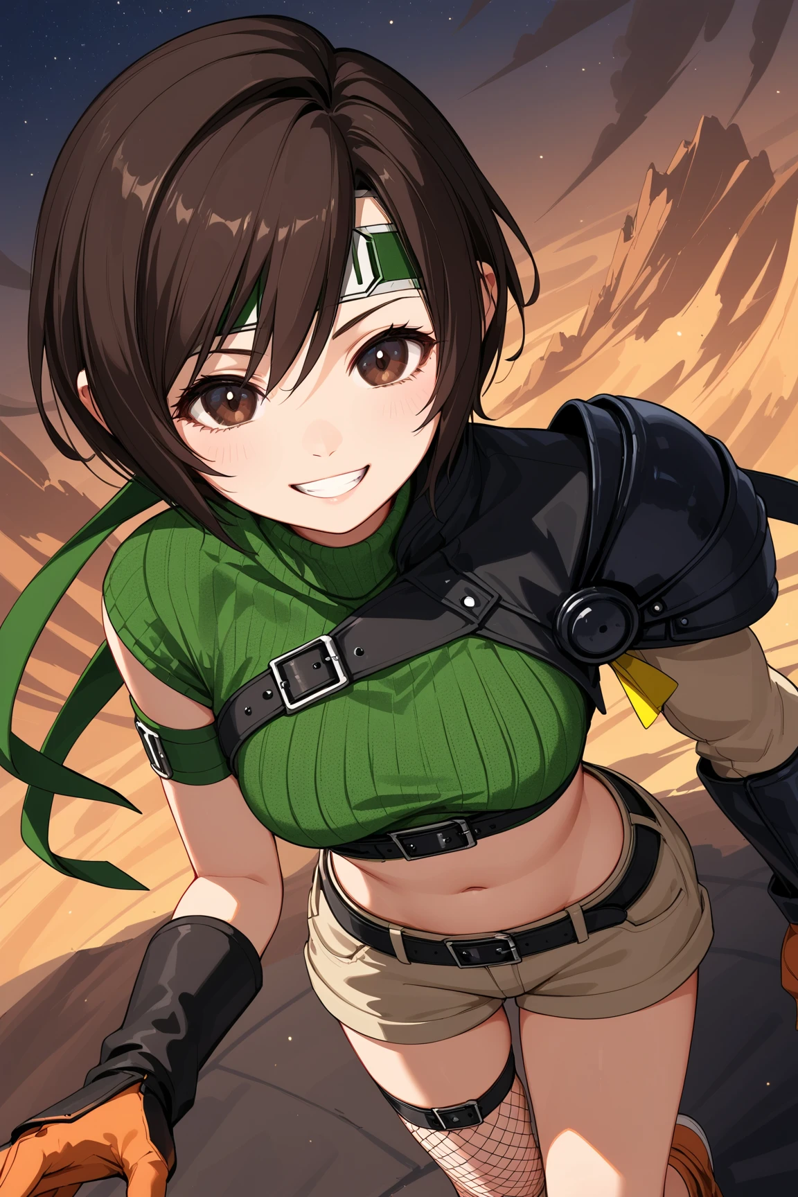 ,solo,1girl\(cute,kawaii,(FFYuffie:1.3),big eyes,grin,smirk,brown hair, short hair, brown eyes, fishnets, ninja outfit, midriff, perky breasts, slim body,(dynamic pose:1.3)\). (from above), background\(midnight,cyberpunk,steampunk,huge Factory\),(dynamic angle:1.3),,landscape. score_9, score_8_up, score_7_up, score_6_up, score_5_up, score_4_up, source_anime,source_furry,rating_safe,rating_questionable,masterpiece, best quality, perfect anatomy , very aesthetic , absurdres ,