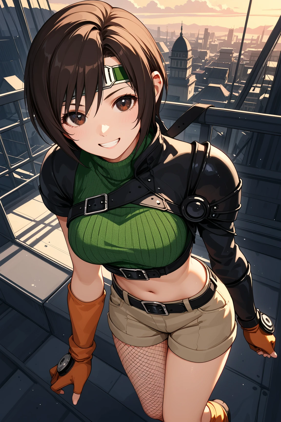 ,solo,1girl\(cute,kawaii,(FFYuffie:1.3),big eyes,grin,smirk,brown hair, short hair, brown eyes, fishnets, ninja outfit, midriff, perky breasts, slim body,(dynamic pose:1.3)\). (from above), background\(midnight,cyberpunk,steampunk,huge Factory\),(dynamic angle:1.3),,landscape. score_9, score_8_up, score_7_up, score_6_up, score_5_up, score_4_up, source_anime,source_furry,rating_safe,rating_questionable,masterpiece, best quality, perfect anatomy , very aesthetic , absurdres ,