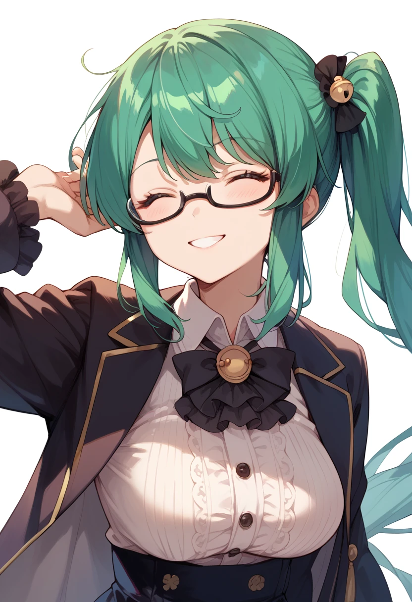 masterpiece, high definition , best quality,8k
(Kagura Suzu, green hair,side ponytail,Glasses)
smile