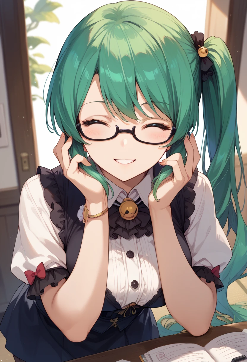 masterpiece, high definition , best quality,8k
(Kagura Suzu, green hair,side ponytail,Glasses)
smile