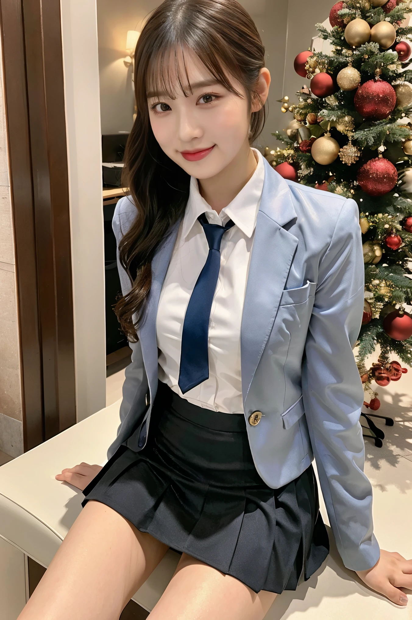 (8k), (highest quality: 1.2), (Realistic), (Realistic: 1.37), Ultra-high resolution, 1 girl, cute, Shiny skin,Blushing,smile, Mouth closed, Beautiful details, Beautiful Nose, whole body, Wet Hair, ponytail hair,Giant Dulcefo, pork,Navel exposed,University Student Uniform, nyron inner ,A simple blazer, check Pleated skirt, shiny thighs, Christmas atmosphere, Christmas