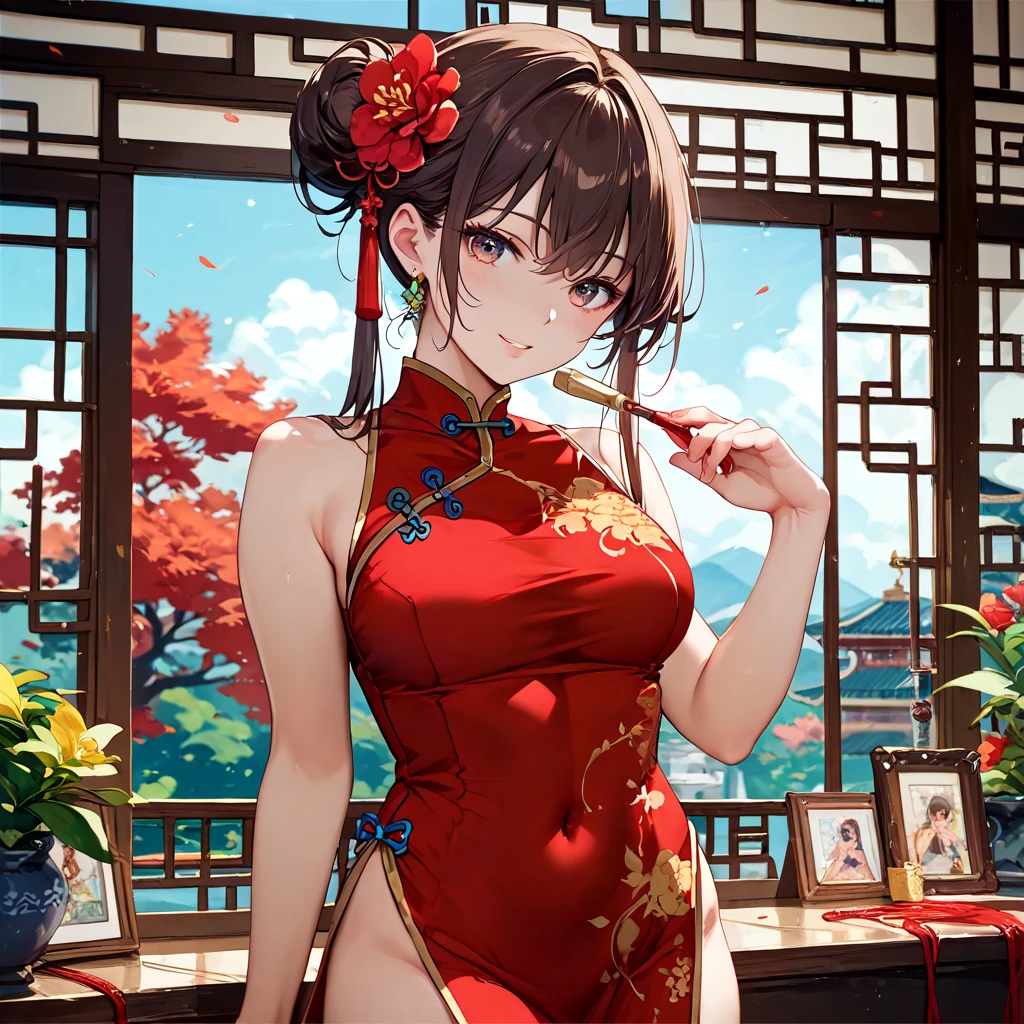 (( best quality)), ((masterpiece)), ( Details), （ perfect face）、The woman is Mizuki Yukize with brown hair and is wearing a sexy red China dress