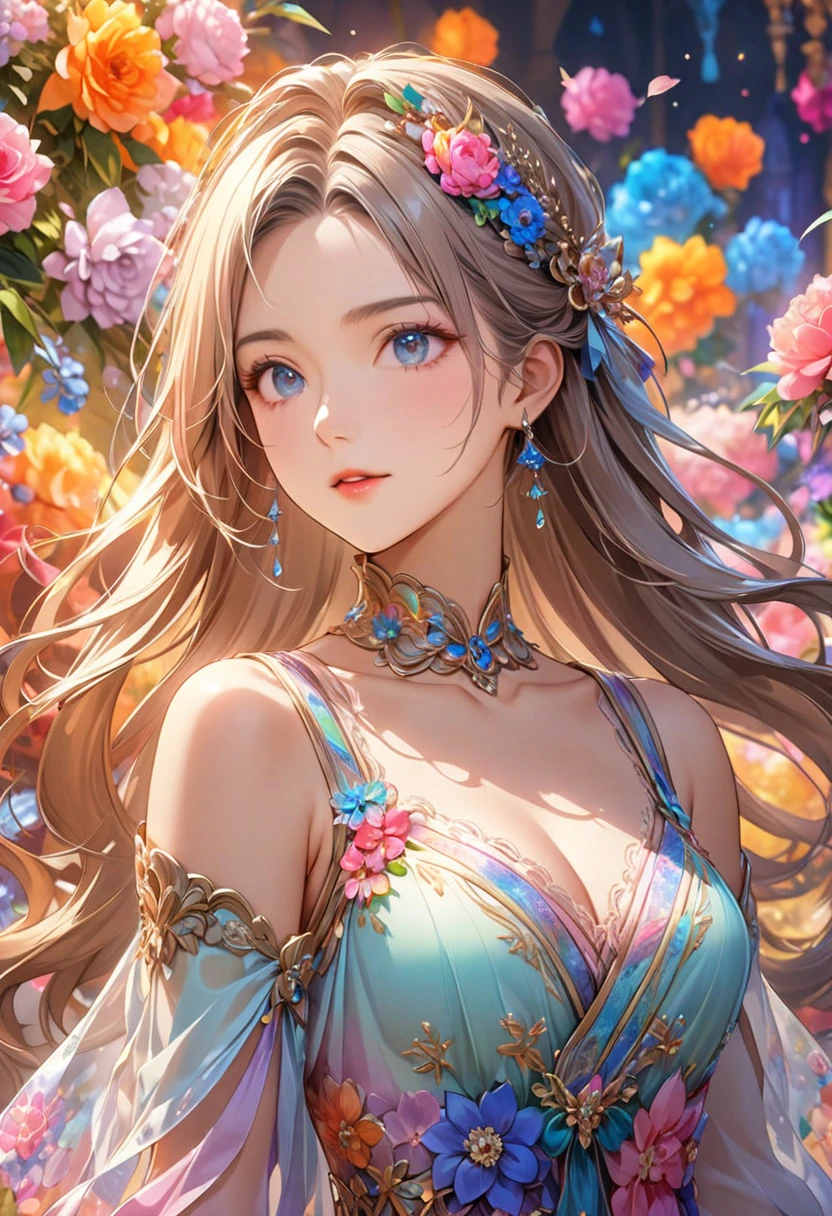  best quality,  best quality, 8k,  very detailed, Delicate, dynamic  ,  Very Delicate Expression ,  delicate eye depiction,  upper body close-up, Healthy body shape, 22-year-old woman, Aristocratic woman,  170 cm , Colorful floral decoration, Wrap the whole body in a translucent cloth, Colorful long dresses,  detailed illustrated art including backgrounds,