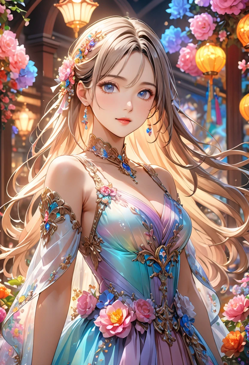  best quality,  best quality, 8k,  very detailed, Delicate, dynamic  ,  Very Delicate Expression ,  delicate eye depiction,  upper body close-up, Healthy body shape, 22-year-old woman, Aristocratic woman,  170 cm , Colorful floral decoration, Wrap the whole body in a translucent cloth, Colorful long dresses,  detailed illustrated art including backgrounds,