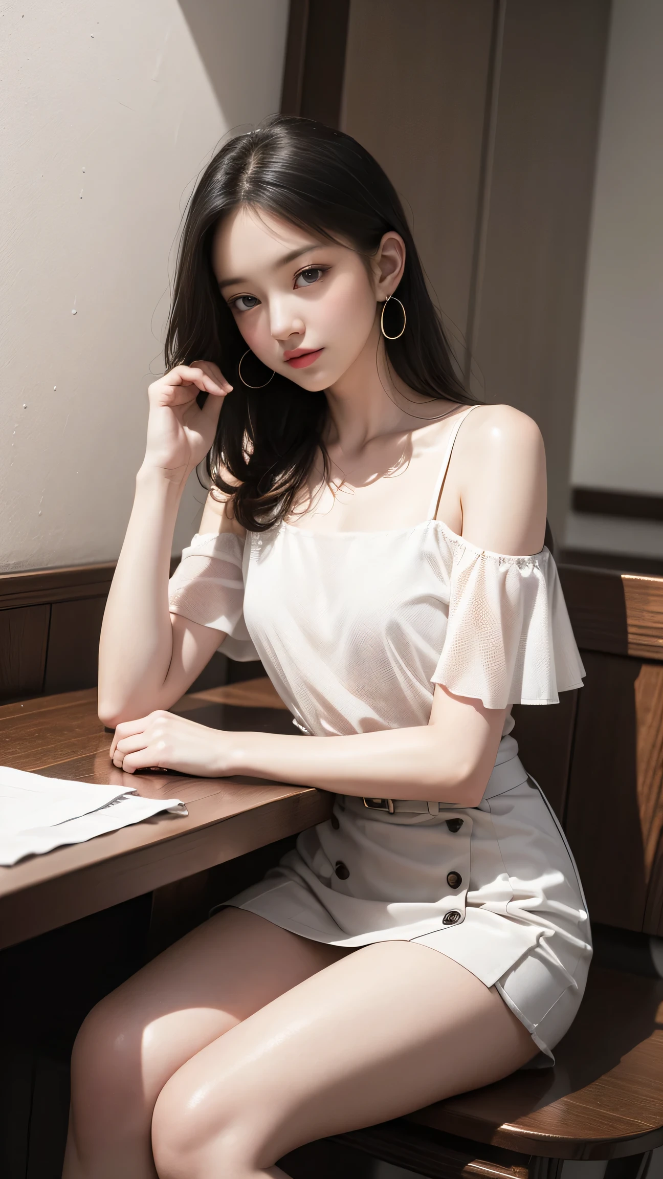 8K、Raw photography、(masuter piece:1.2)、(Photorealsitic:1.2)、(best qualtiy)、((Sleeveless with white frills))、((Adult woman in floral white skirt))、((japanes、30-years old))、Light brown hair in one woman、((full body Esbian))、make - up、Smart body、A smile、Poses variadas、hyperdetailed face、A detailed eye、((No close-ups))、(Inside the café、Sitting on a chair)